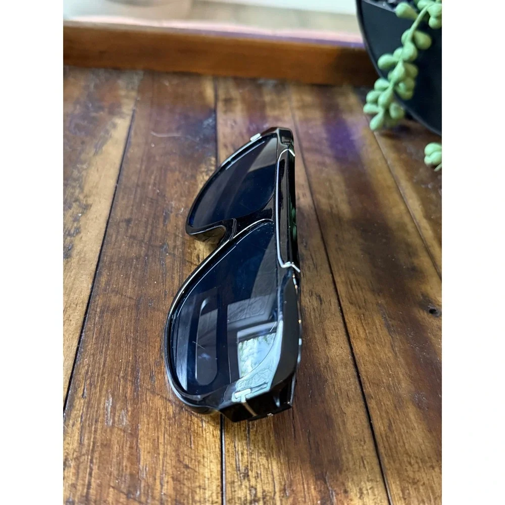 Black Oversized Flat Top Aviator Sunglasses Silver Bar T-Logo Shield Eyewear